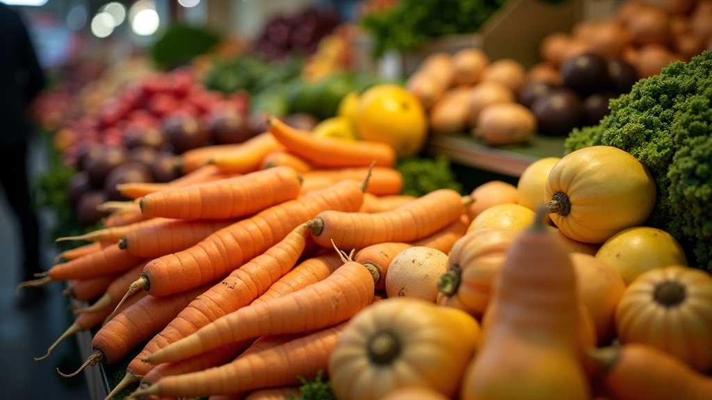 Autumn root vegetables including carrots, turnips, taro, and squash piled at wet market stall with vendor in background