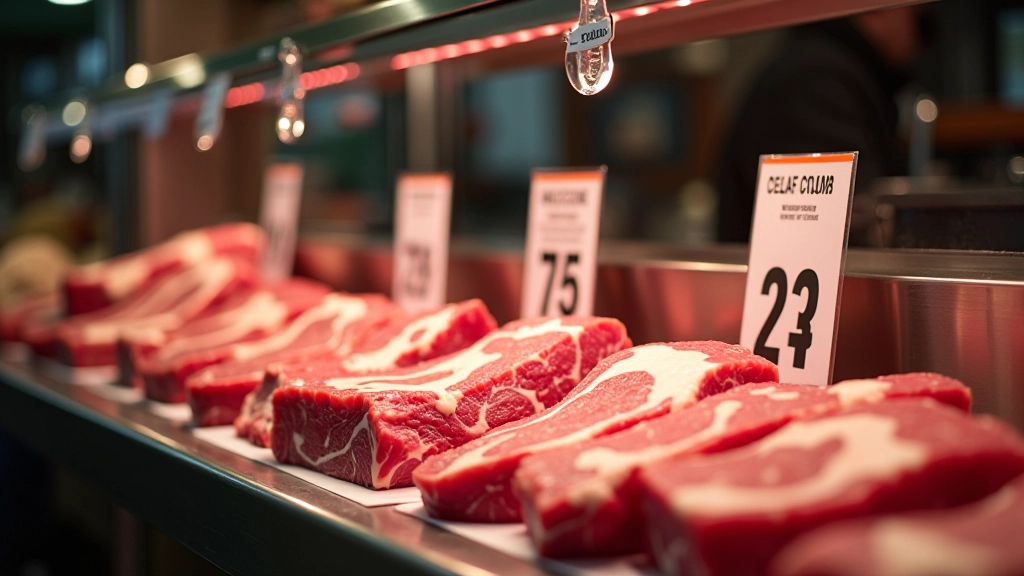 Fresh meat display counter in supermarket showing various cuts of pork and chicken with price tags