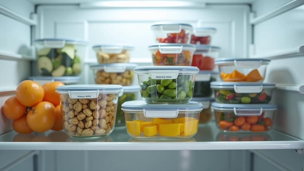 Organized refrigerator shelf displaying labeled glass meal prep containers stacked neatly with dates written on containers