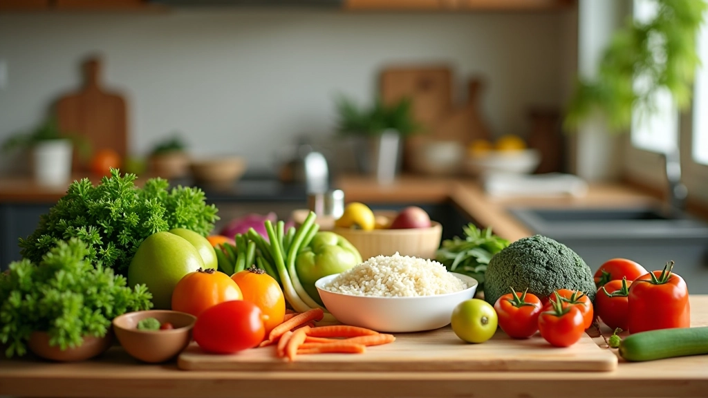 Organized kitchen counter with fresh groceries and ingredients for meal planning