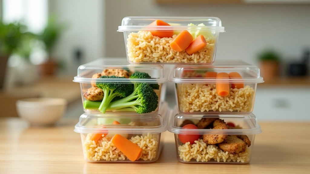 Three different meal prep containers stacked, showing variety of prepared components: grains, proteins, and vegetables