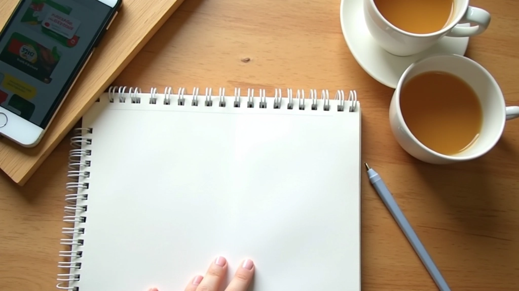 Overhead view of notebook with written budget tracking and smartphone displaying loyalty app coupons on wooden desk