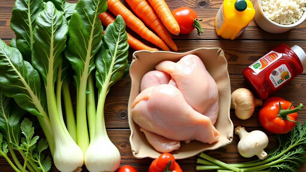 Overhead view of fresh vegetables and ingredients laid out on wooden table ready for meal preparation