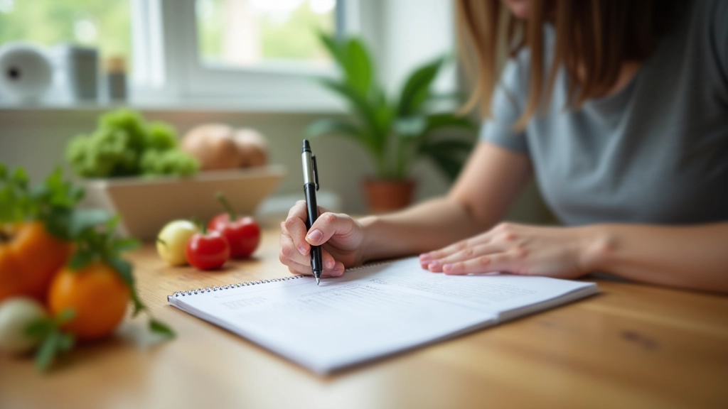 Hand writing meal plan on notebook with ingredients list and shopping checklist visible