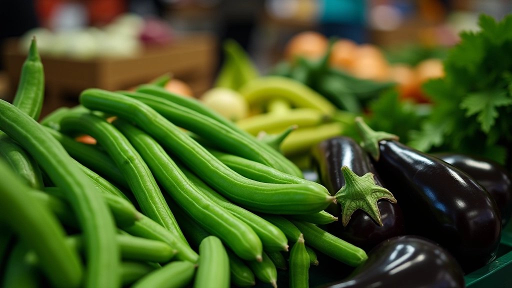 Summer vegetables including long beans, bitter melon, okra, and eggplant displayed at wet market stall with fresh water spray