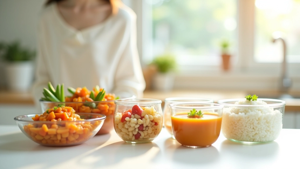 Organized meal prep containers with cooked rice, stir-fried vegetables, and soup arranged on kitchen counter