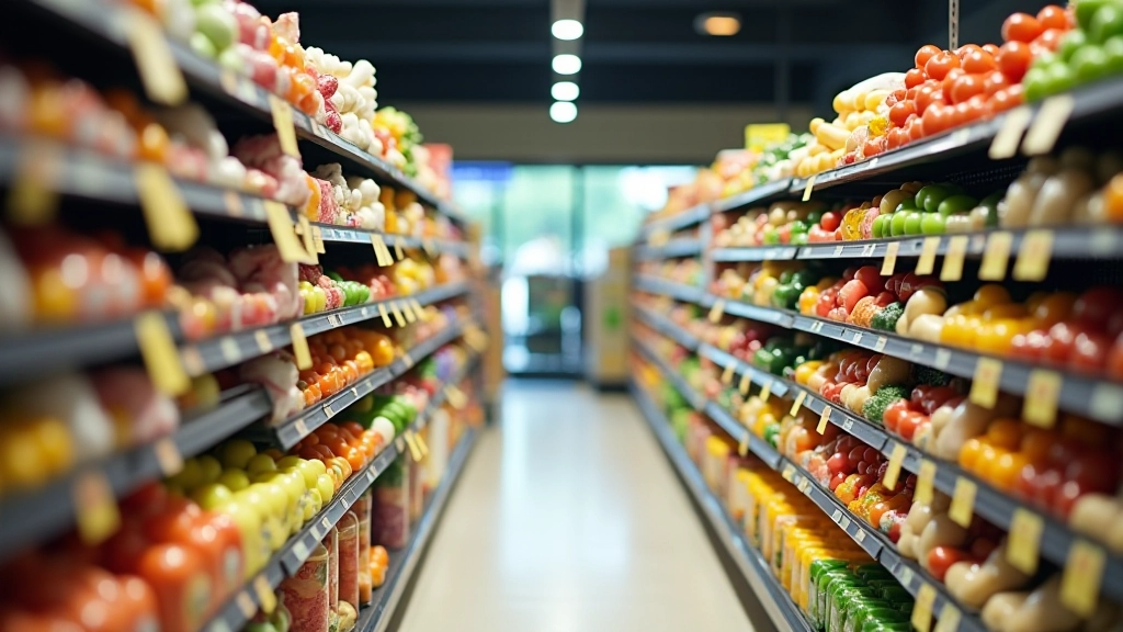 Interior view of supermarket shelves with price tags clearly visible and varied products displayed