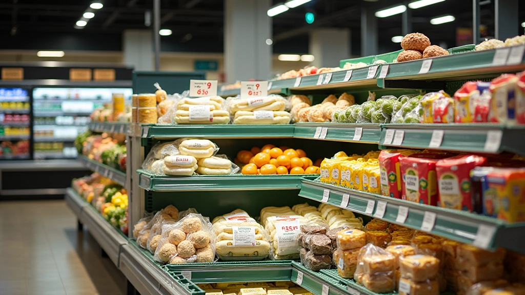 Close-up of packaged dairy products on supermarket shelf with price labels and brand names