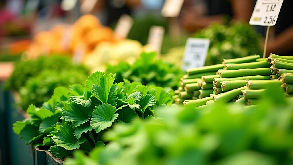 Fresh spring vegetables including leafy greens, bamboo shoots, and spring onions arranged on wet market display table with price cards