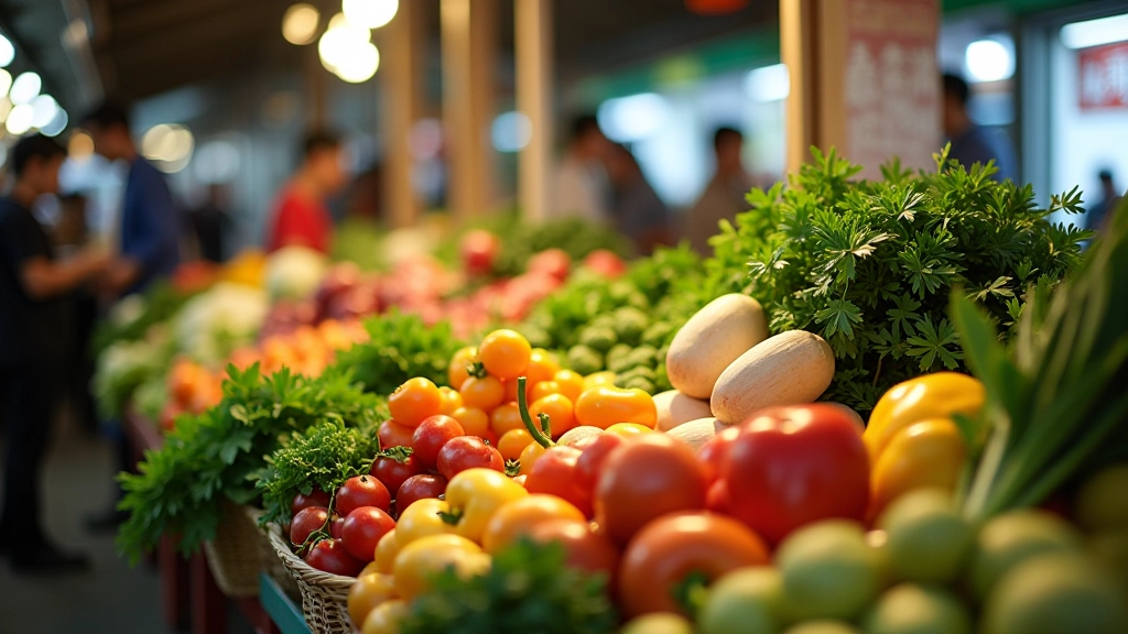 Vibrant wet market stall with fresh colorful vegetables and produce arranged in baskets and crates