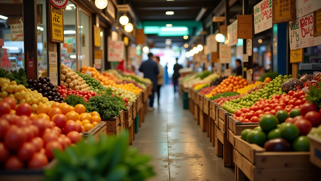 Colorful fresh vegetables and fruits displayed at Hong Kong wet market stall with price signs