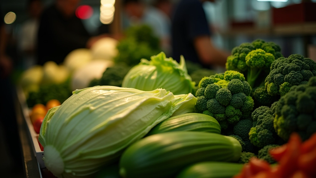 Winter vegetables including cabbage, Chinese broccoli, and preserved vegetables arranged at wet market stall