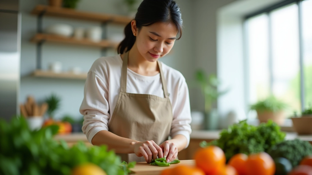 Asian woman in kitchen preparing fresh vegetables on wooden counter with natural morning light streaming through window