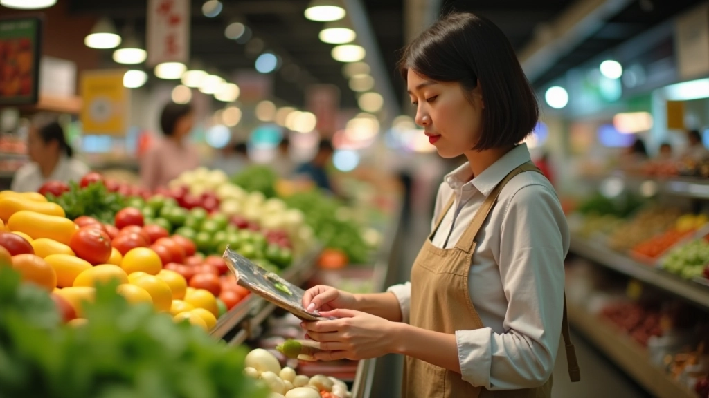 Woman shopping fresh produce at a vibrant Hong Kong wet market, selecting vegetables