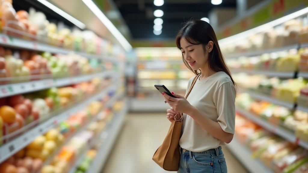 Woman comparing prices on mobile phone in supermarket aisle with products visible
